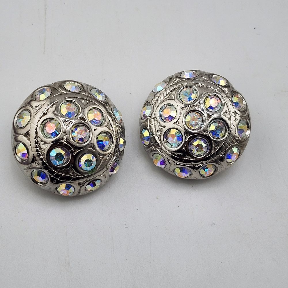 Vintage Silver Tone Aurora Borialis Crystal Dome Clip-on Earrings